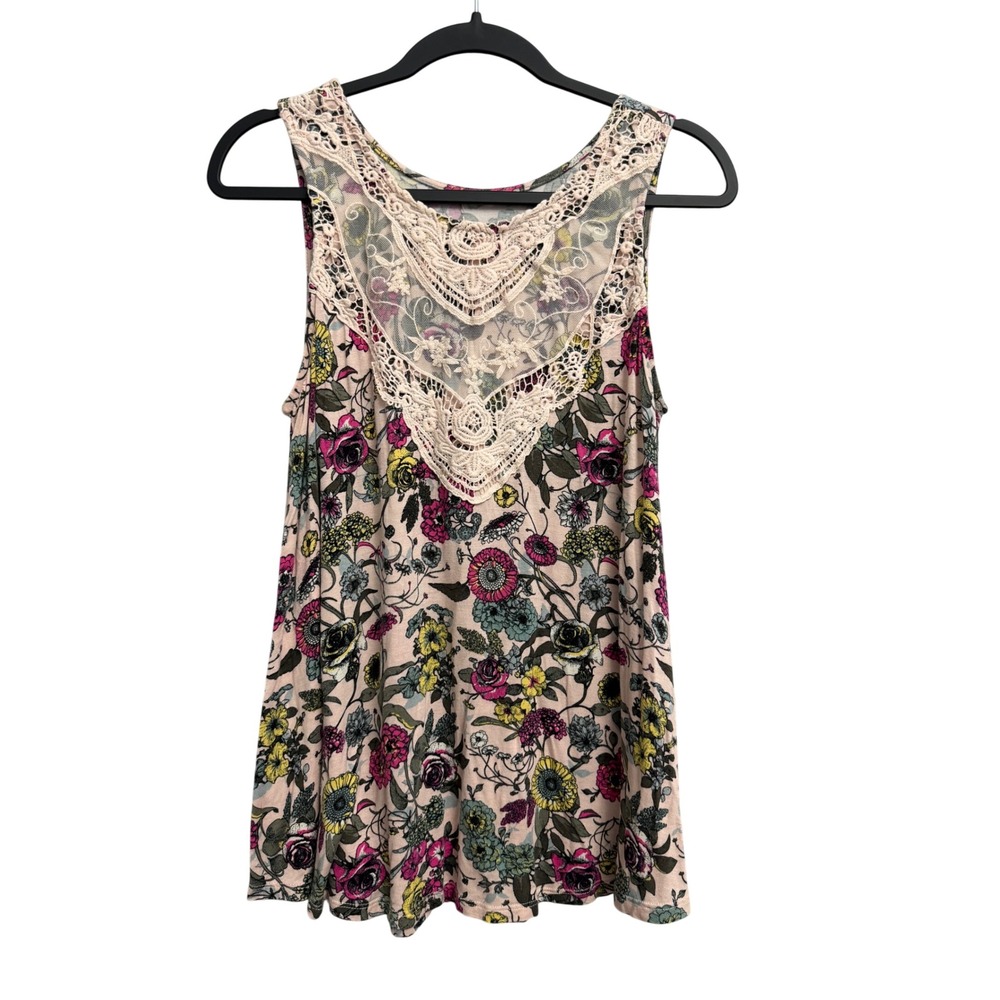 Maurices Floral Crochet Lace Yoke Tank Top Sleeveless Pink Yellow Large Boho